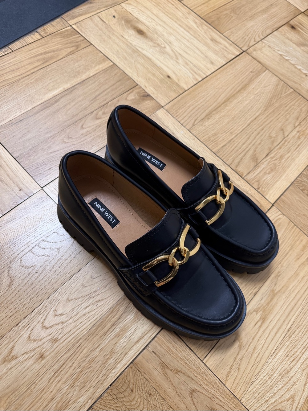 Nine West Black Leather Loafers with Gold Chain Detail